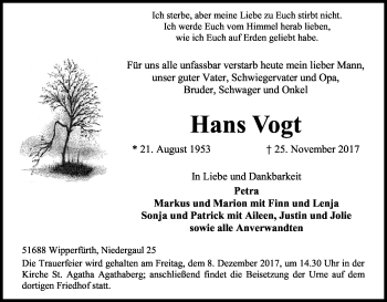 Anzeige von Hans Vogt von Kölner Stadt-Anzeiger / Kölnische Rundschau / Express