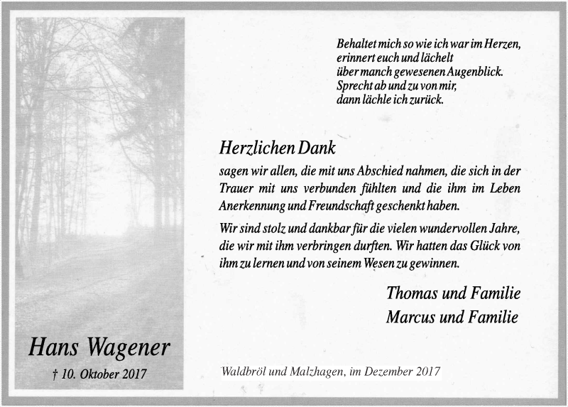  Traueranzeige für Hans Wagener vom 13.12.2017 aus  Lokalanzeiger 