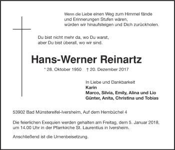 Anzeige von Hans-Werner Reinartz von  Blickpunkt Euskirchen 