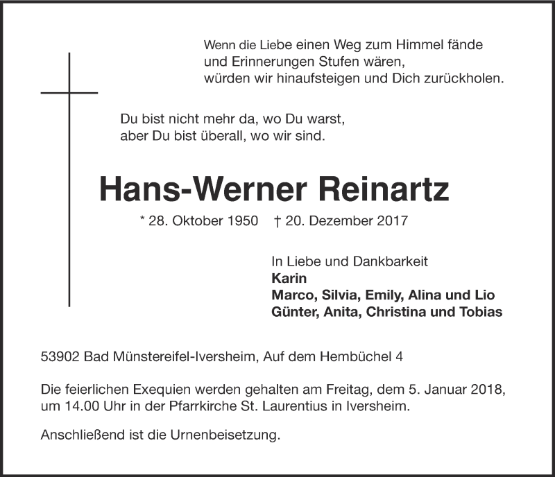  Traueranzeige für Hans-Werner Reinartz vom 30.12.2017 aus  Blickpunkt Euskirchen 