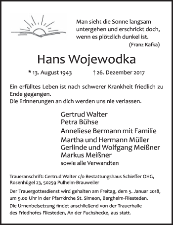 Anzeige von Hans Wojewodka von  Sonntags-Post 