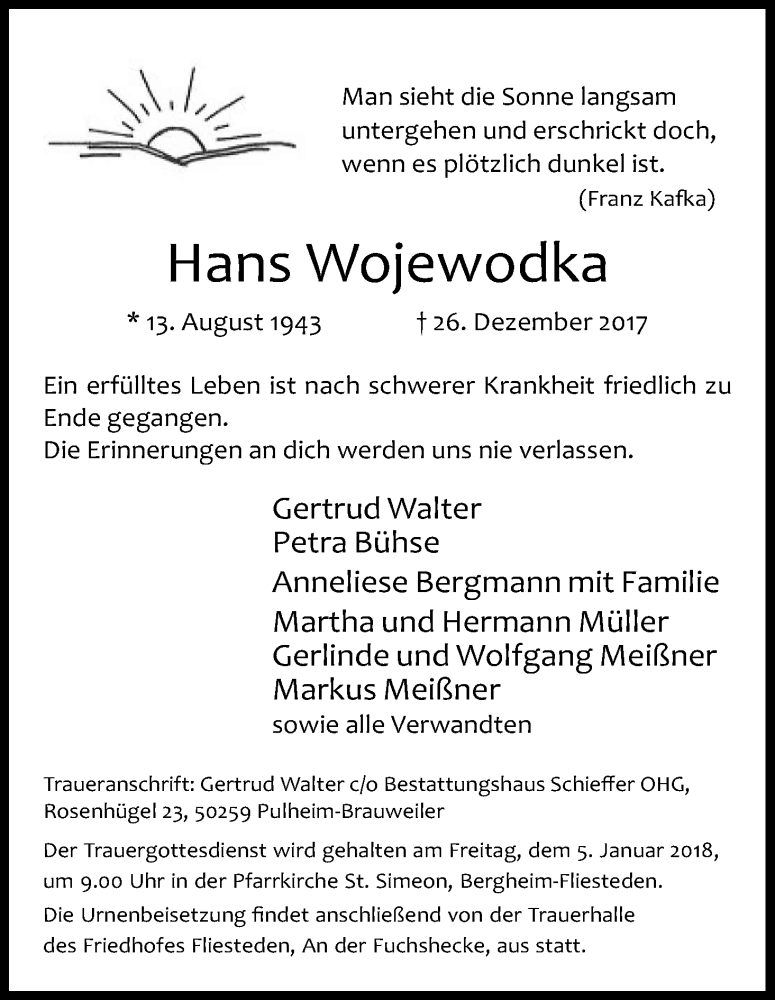  Traueranzeige für Hans Wojewodka vom 30.12.2017 aus Kölner Stadt-Anzeiger / Kölnische Rundschau / Express
