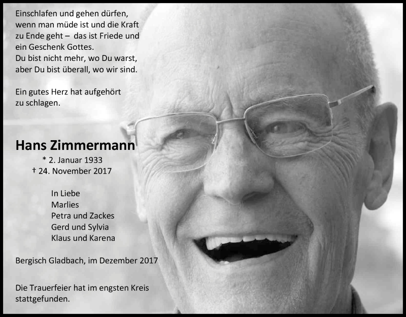  Traueranzeige für Hans Zimmermann vom 06.12.2017 aus Kölner Stadt-Anzeiger / Kölnische Rundschau / Express