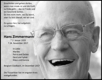 Anzeige von Hans Zimmermann von Kölner Stadt-Anzeiger / Kölnische Rundschau / Express