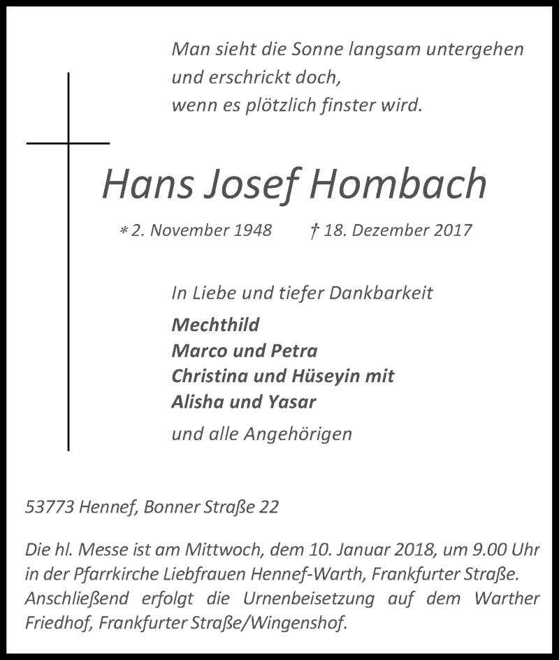  Traueranzeige für Hans Josef Hombach vom 30.12.2017 aus Kölner Stadt-Anzeiger / Kölnische Rundschau / Express