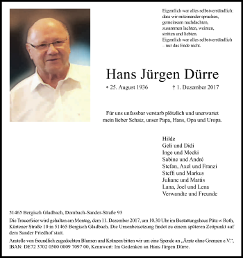 Anzeige von Hans Jürgen Dürre von Kölner Stadt-Anzeiger / Kölnische Rundschau / Express