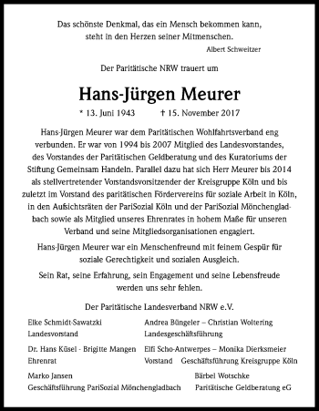 Anzeige von Hans Jürgen Meurer von Kölner Stadt-Anzeiger / Kölnische Rundschau / Express