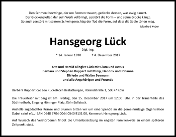 Anzeige von Hansgeorg Lück von Kölner Stadt-Anzeiger / Kölnische Rundschau / Express