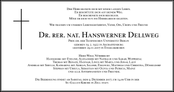 Anzeige von Hanswerner Dellweg von Kölner Stadt-Anzeiger / Kölnische Rundschau / Express