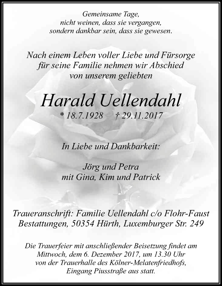  Traueranzeige für Harald Uellendahl vom 02.12.2017 aus Kölner Stadt-Anzeiger / Kölnische Rundschau / Express