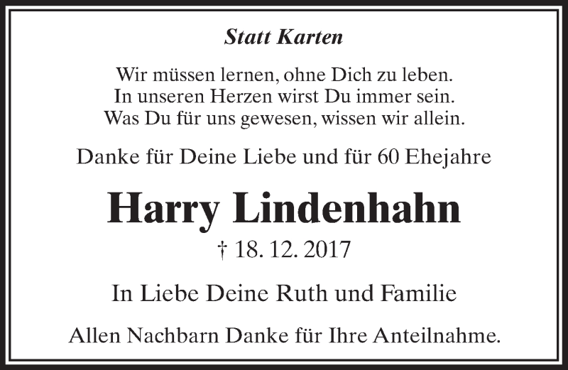  Traueranzeige für Harry Lindenhahn vom 30.12.2017 aus  Sonntags-Post 
