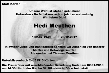 Anzeige von Hedi Meuthen von Kölner Stadt-Anzeiger / Kölnische Rundschau / Express