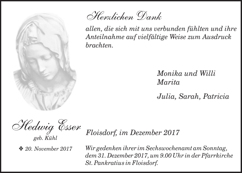  Traueranzeige für Hedwig Esser vom 23.12.2017 aus  Blickpunkt Euskirchen 