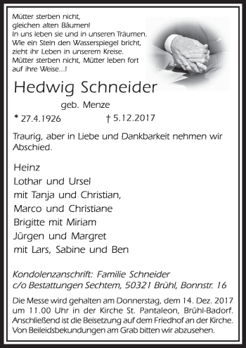 Anzeige von Hedwig Schneider von  Schlossbote/Werbekurier 