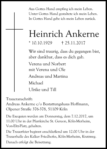 Anzeige von Heinrich Ankerne von Kölner Stadt-Anzeiger / Kölnische Rundschau / Express