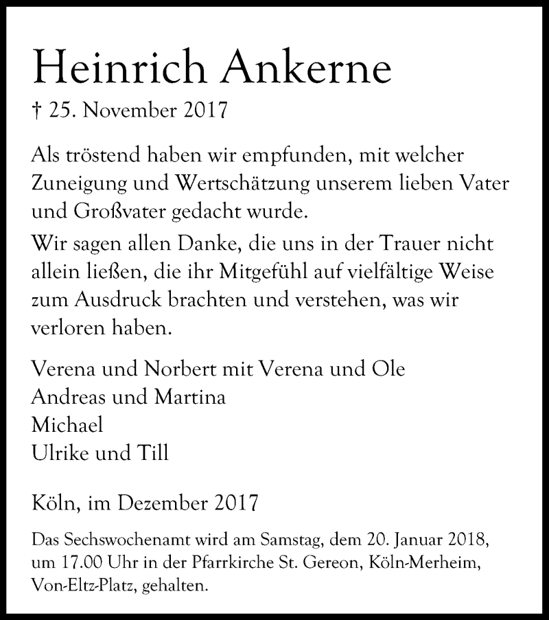  Traueranzeige für Heinrich Ankerne vom 30.12.2017 aus Kölner Stadt-Anzeiger / Kölnische Rundschau / Express