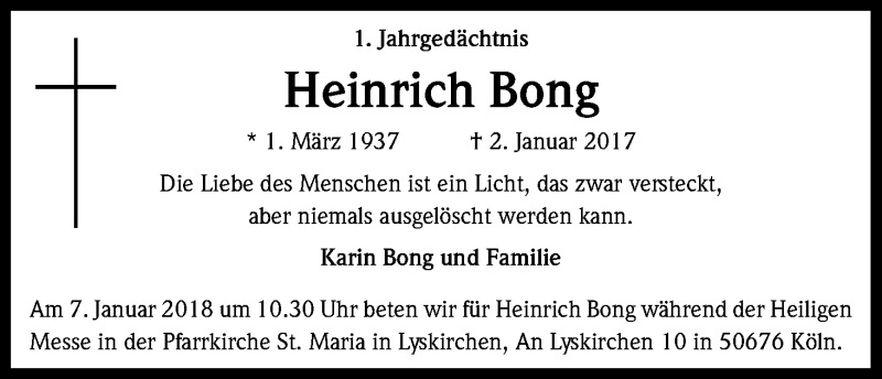  Traueranzeige für Heinrich Bong vom 30.12.2017 aus Kölner Stadt-Anzeiger / Kölnische Rundschau / Express