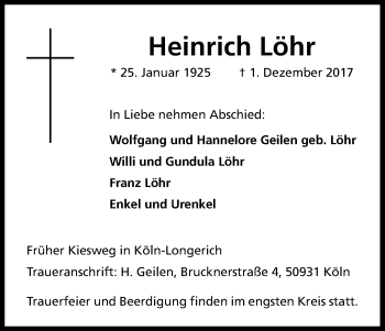 Anzeige von Heinrich Löhr von Kölner Stadt-Anzeiger / Kölnische Rundschau / Express