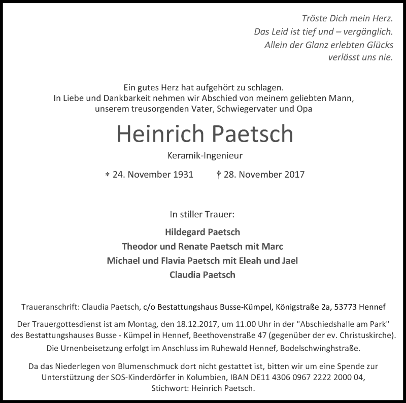  Traueranzeige für Heinrich Paetsch vom 09.12.2017 aus Kölner Stadt-Anzeiger / Kölnische Rundschau / Express