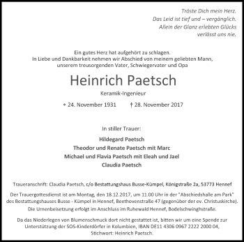 Anzeige von Heinrich Paetsch von Kölner Stadt-Anzeiger / Kölnische Rundschau / Express