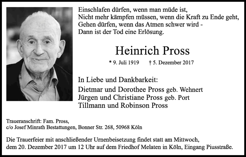  Traueranzeige für Heinrich Pross vom 13.12.2017 aus Kölner Stadt-Anzeiger / Kölnische Rundschau / Express
