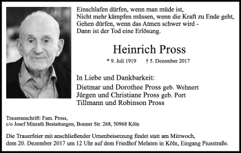 Anzeige von Heinrich Pross von Kölner Stadt-Anzeiger / Kölnische Rundschau / Express