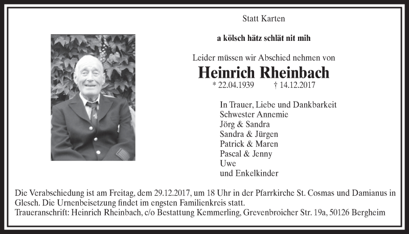  Traueranzeige für Heinrich Rheinbach vom 20.12.2017 aus  Werbepost 