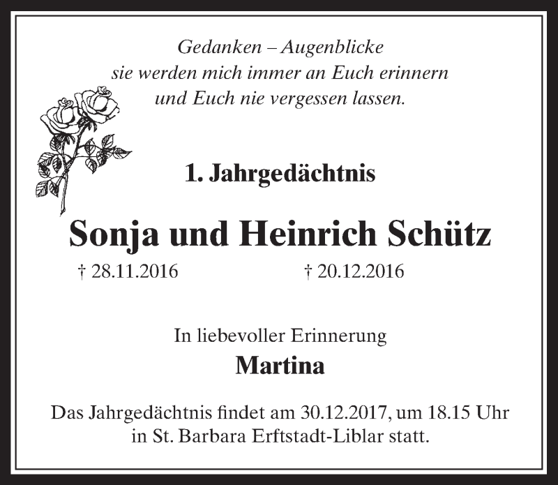  Traueranzeige für Heinrich Schütz vom 20.12.2017 aus  Werbepost 