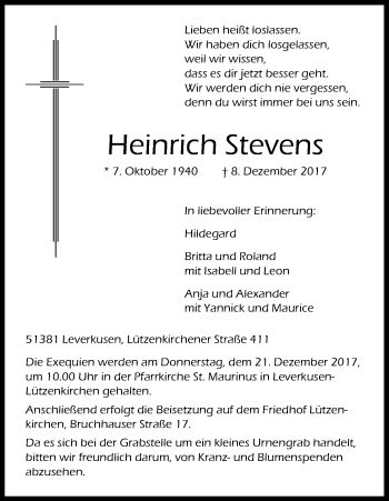 Anzeige von Heinrich Stevens von Kölner Stadt-Anzeiger / Kölnische Rundschau / Express