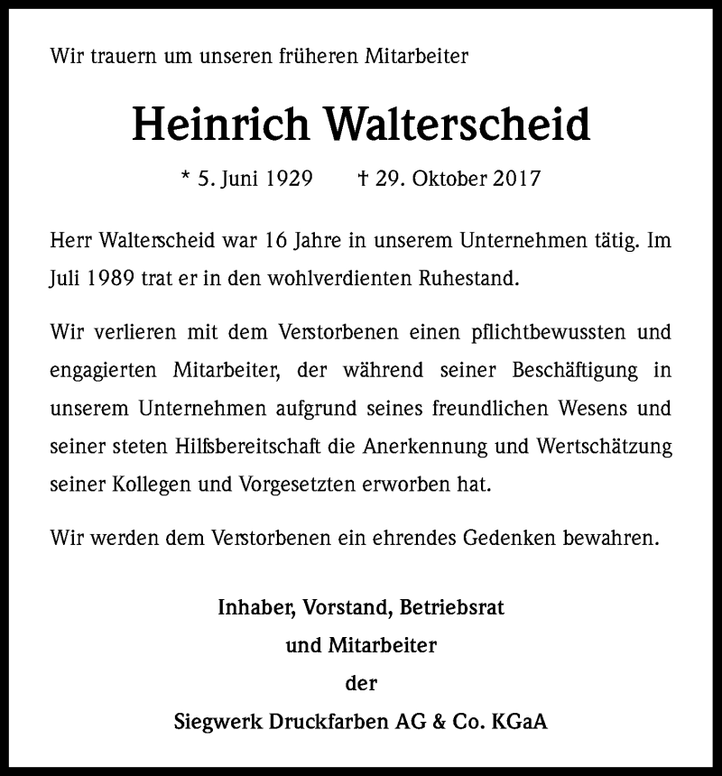  Traueranzeige für Heinrich Walterscheid vom 07.12.2017 aus Kölner Stadt-Anzeiger / Kölnische Rundschau / Express