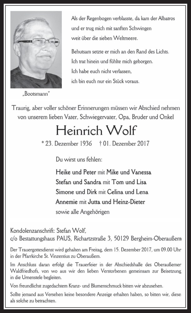  Traueranzeige für Heinrich Wolf vom 13.12.2017 aus  Werbepost 