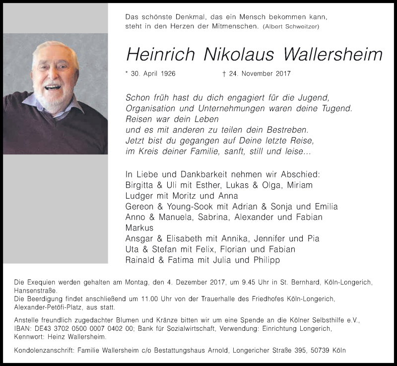  Traueranzeige für Heinrich Nikolaus Wallersheim vom 02.12.2017 aus Kölner Stadt-Anzeiger / Kölnische Rundschau / Express