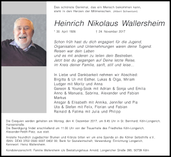 Anzeige von Heinrich Nikolaus Wallersheim von Kölner Stadt-Anzeiger / Kölnische Rundschau / Express