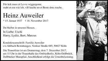 Anzeige von Heinz Auweiler von Kölner Stadt-Anzeiger / Kölnische Rundschau / Express