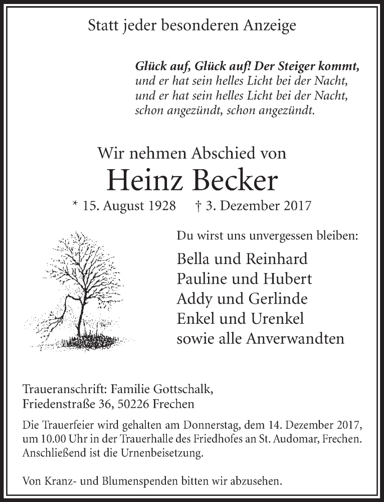  Traueranzeige für Heinz Becker vom 09.12.2017 aus  Sonntags-Post 