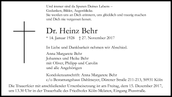 Anzeige von Heinz Behr von Kölner Stadt-Anzeiger / Kölnische Rundschau / Express