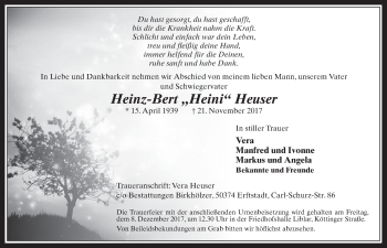 Anzeige von Heinz-Bert Heini Heuser von  Werbepost 