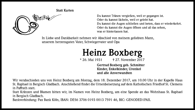  Traueranzeige für Heinz Boxberg vom 12.12.2017 aus Kölner Stadt-Anzeiger / Kölnische Rundschau / Express