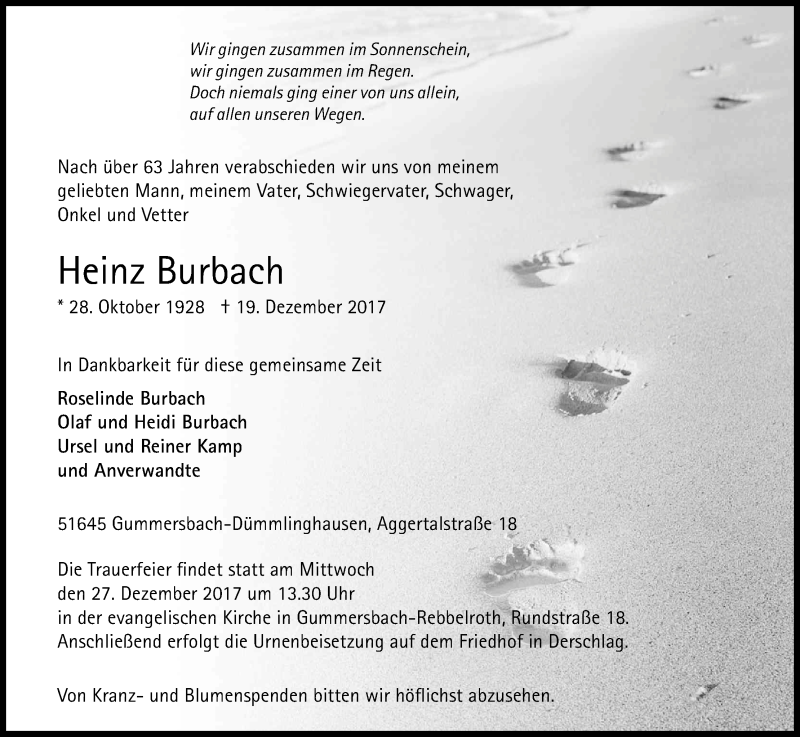  Traueranzeige für Heinz Burbach vom 23.12.2017 aus Kölner Stadt-Anzeiger / Kölnische Rundschau / Express