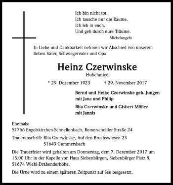 Anzeige von Heinz Czerwinske von Kölner Stadt-Anzeiger / Kölnische Rundschau / Express