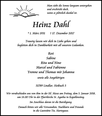 Anzeige von Heinz Dahl von Kölner Stadt-Anzeiger / Kölnische Rundschau / Express