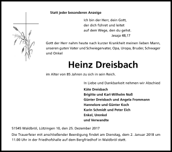 Anzeige von Heinz Dreisbach von Kölner Stadt-Anzeiger / Kölnische Rundschau / Express