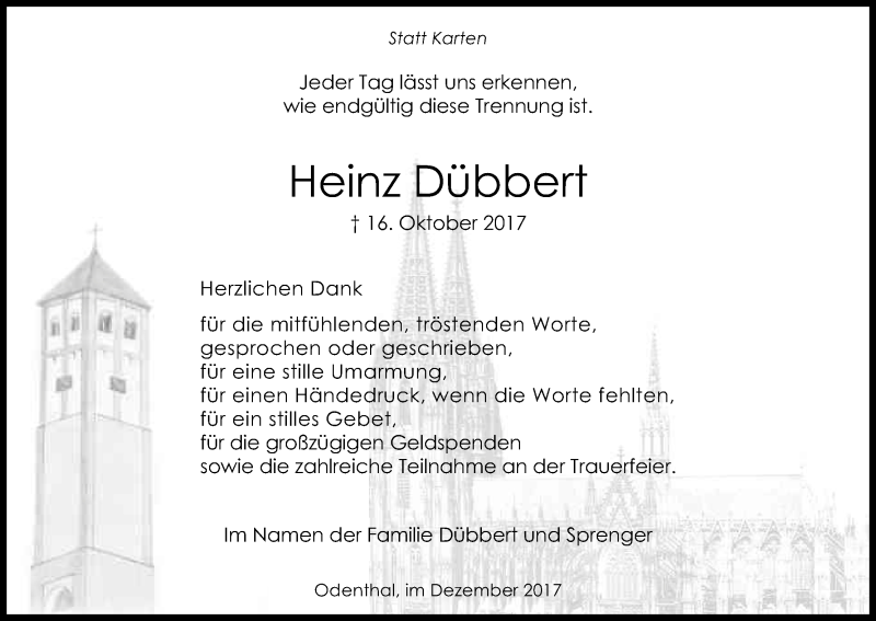  Traueranzeige für Heinz Dübbert vom 09.12.2017 aus Kölner Stadt-Anzeiger / Kölnische Rundschau / Express