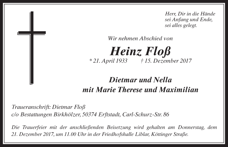  Traueranzeige für Heinz Floß vom 20.12.2017 aus  Werbepost 