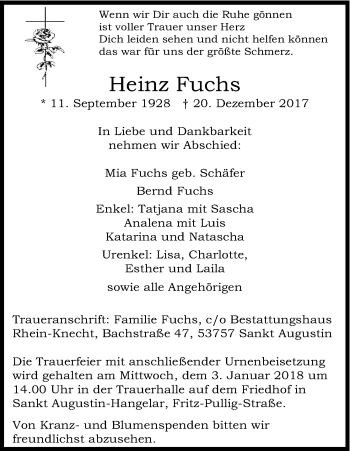 Anzeige von Heinz Fuchs von Kölner Stadt-Anzeiger / Kölnische Rundschau / Express