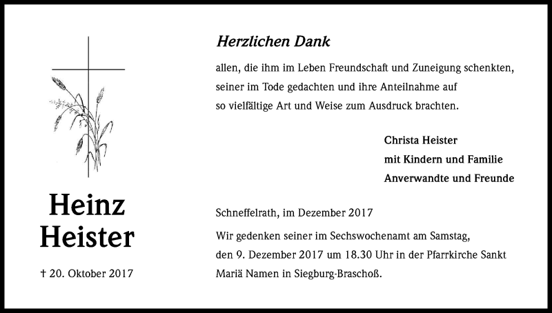  Traueranzeige für Heinz Heister vom 02.12.2017 aus Kölner Stadt-Anzeiger / Kölnische Rundschau / Express