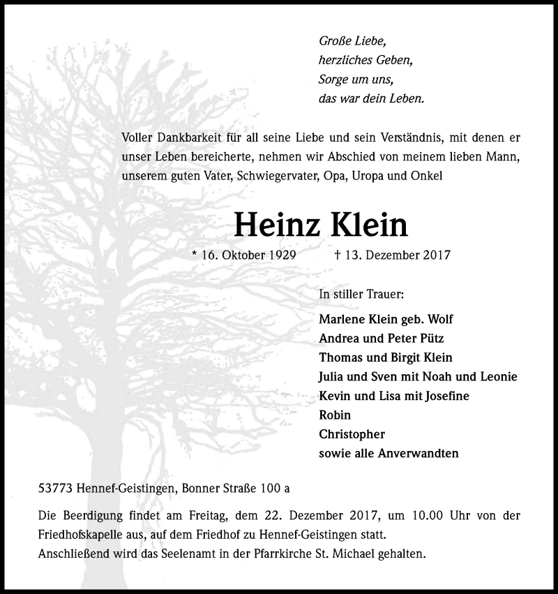  Traueranzeige für Heinz Klein vom 16.12.2017 aus Kölner Stadt-Anzeiger / Kölnische Rundschau / Express
