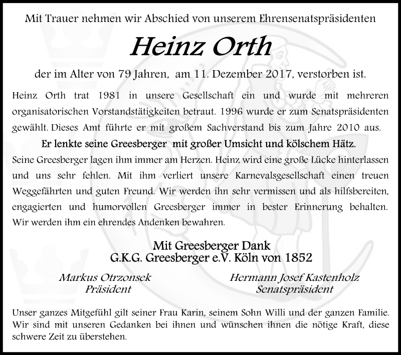  Traueranzeige für Heinz Orth vom 16.12.2017 aus Kölner Stadt-Anzeiger / Kölnische Rundschau / Express