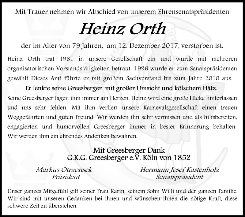  Traueranzeige für Heinz Orth vom 20.12.2017 aus Kölner Stadt-Anzeiger / Kölnische Rundschau / Express