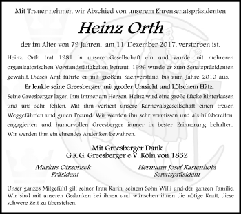 Anzeige von Heinz Orth von Kölner Stadt-Anzeiger / Kölnische Rundschau / Express